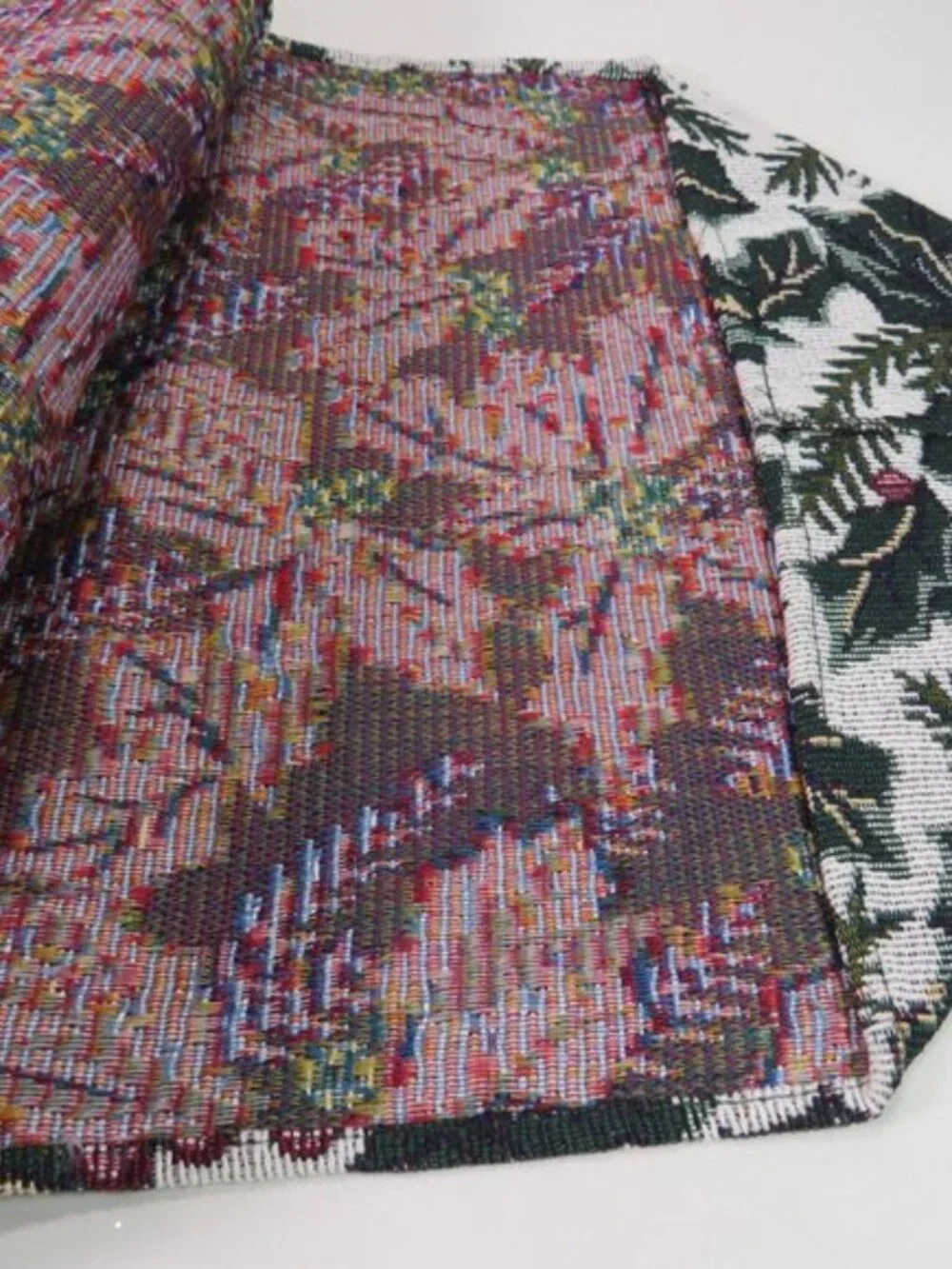 Vintage Victorian Holly Tapestry Table Runner Dark Forest Green Tassels 68x12